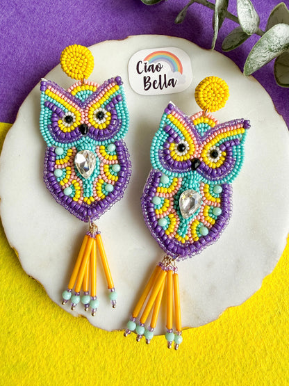 Chirpy Owl Yellow Handmade Beaded Bird Earrings