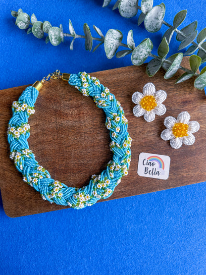 Luxe Flora Aqua Blue Handmade Beaded Necklace + Earrings Set