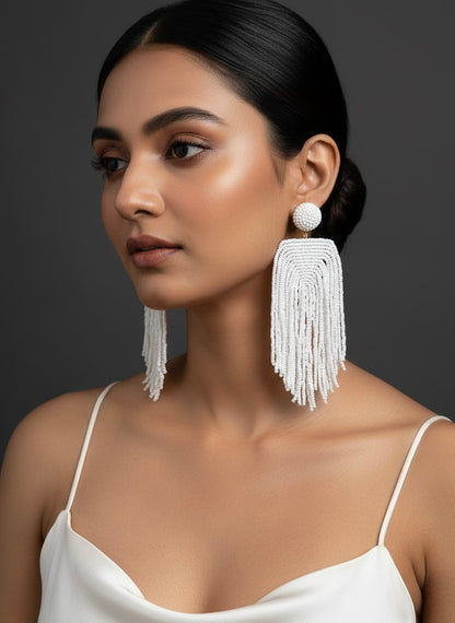Luxe Snow White Handmade Beaded Tassel Earrings