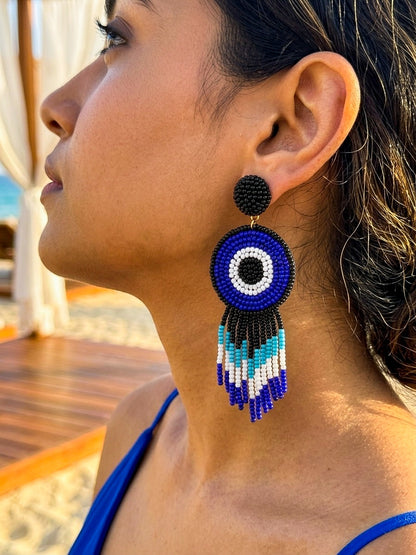 Boho Blue Evil Eye Handmade Beaded Earrings
