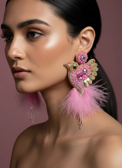 Glamorous Pink Birdies Handmade Beaded Bird Earrings