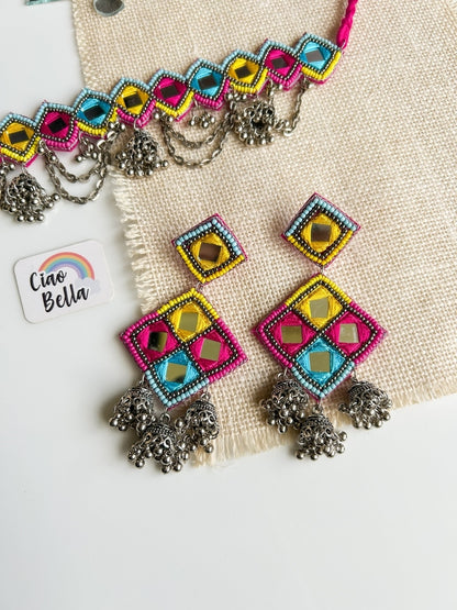 Rangrez Mirror Handmade Beaded Necklace & Earrings Set