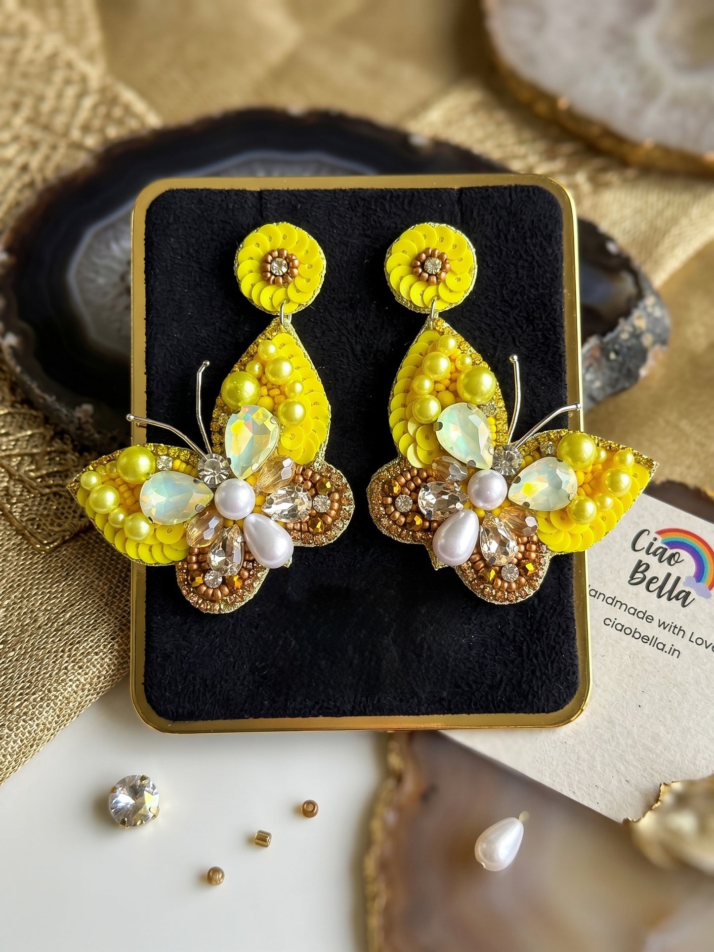 Luxe Crystal Yellow Handmade Beaded Butterfly Earrings