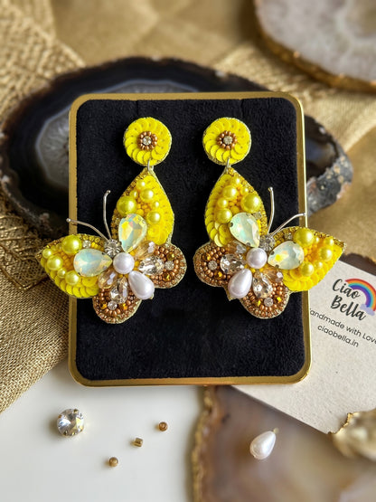 Luxe Crystal Yellow Handmade Beaded Butterfly Earrings
