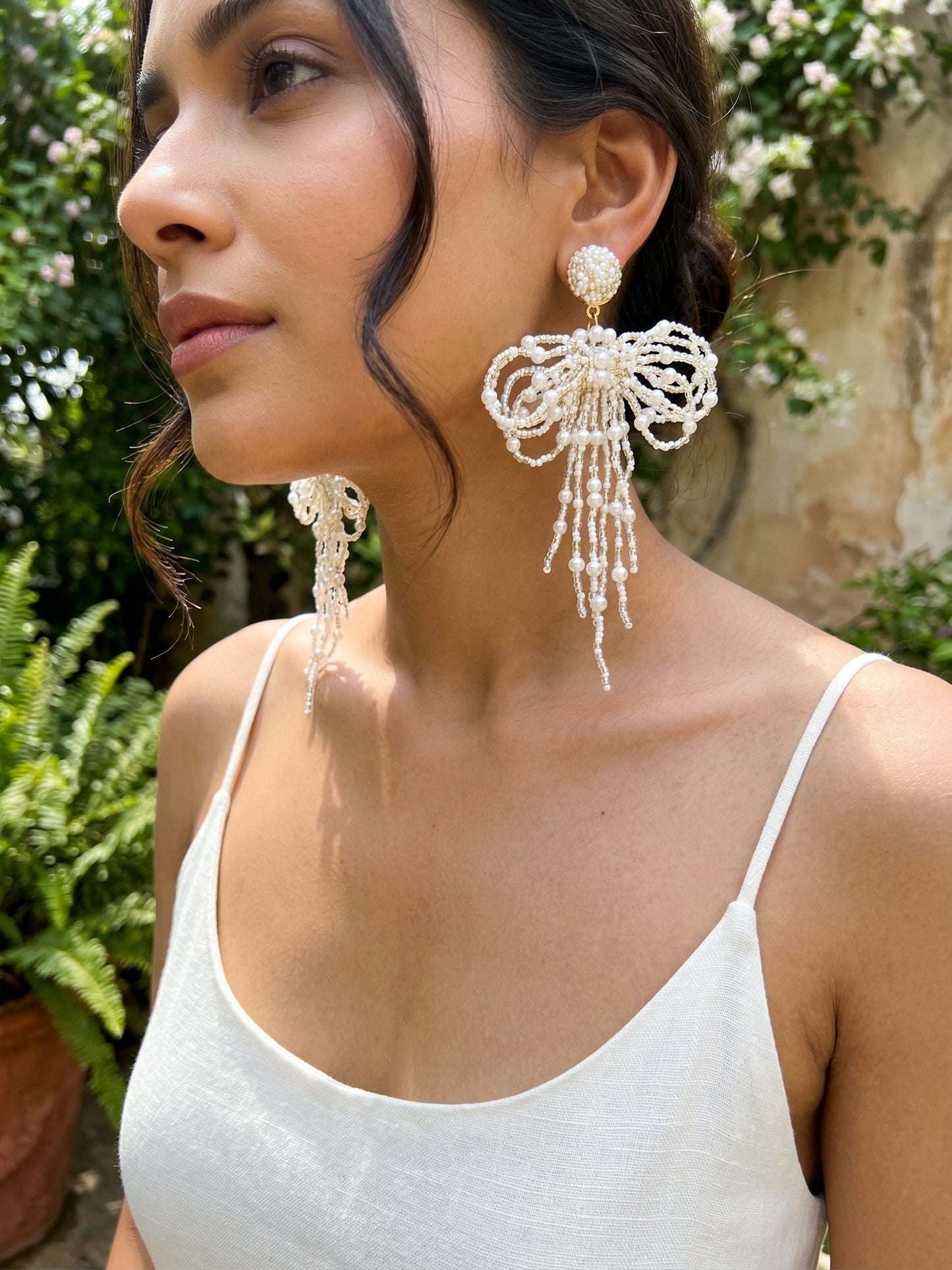 Pookie Bow (White) Handmade Beaded Earrings