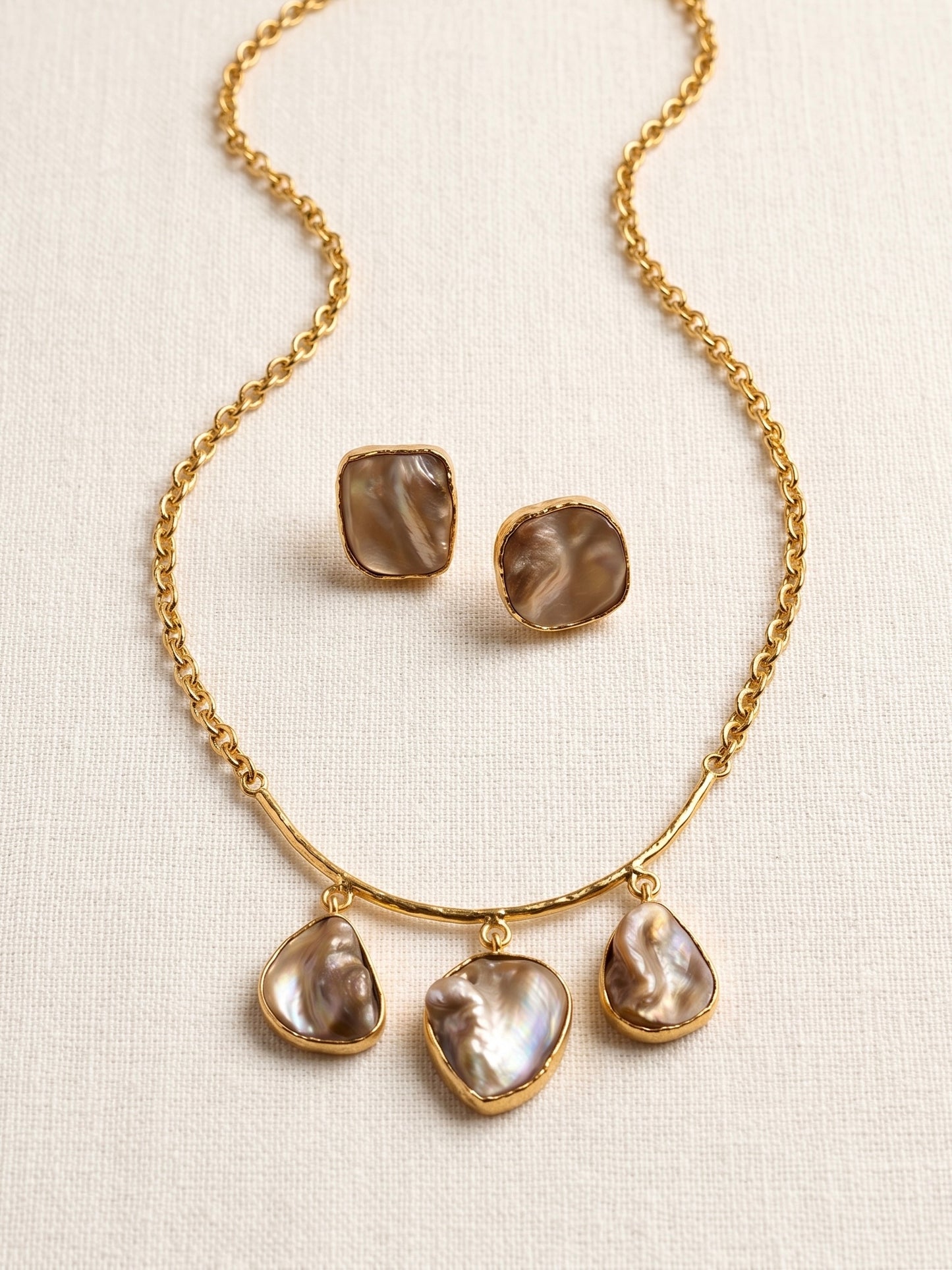 Celestial Mother of Pearl Handmade Brass Necklace + Stud Earrings Set