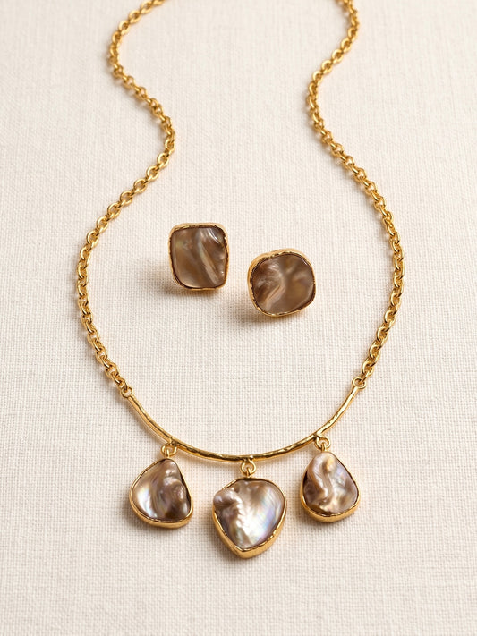 Celestial Mother of Pearl Handmade Brass Necklace + Stud Earrings Set