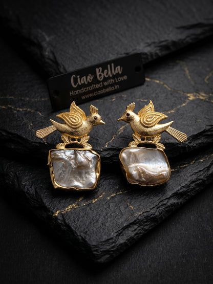 Cute Birdie Mother Of Pearl Handmade Brass Earrings