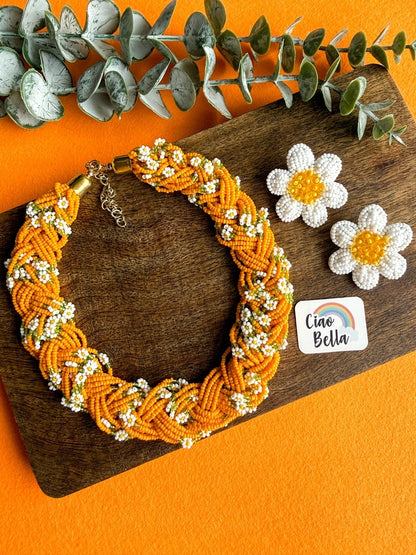 Luxe Flora Orange Handmade Beaded Necklace + Earrings Set