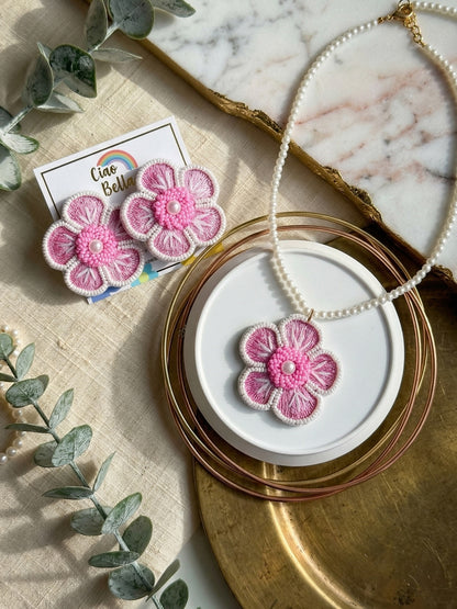 Blush Pink Blossom Flower Handmade Beaded Necklace + Earrings Set