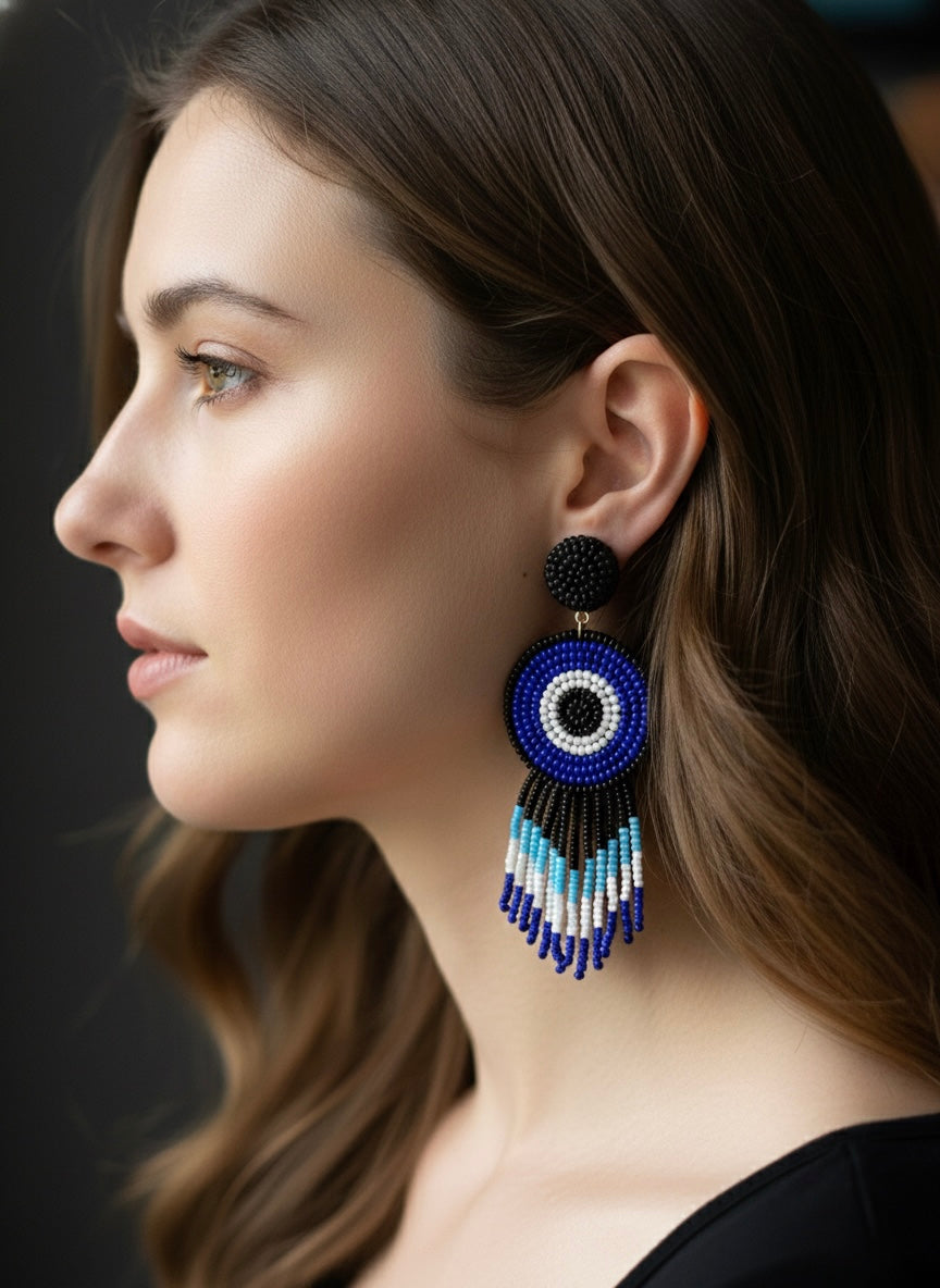 Boho Blue Evil Eye Handmade Beaded Earrings