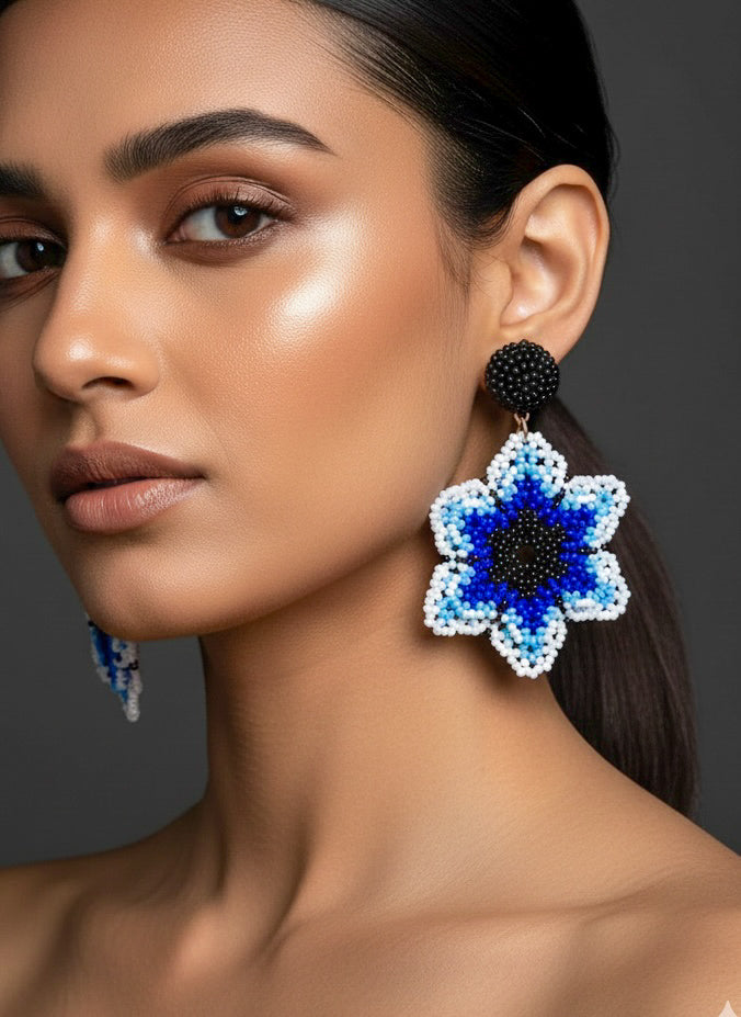 Blossoming Blue Flower Handmade Beaded Earrings