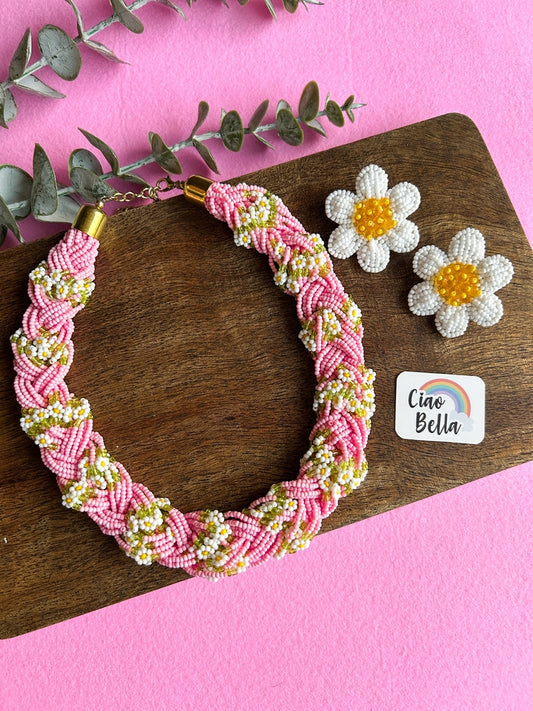 Luxe Flora Pink Handmade Beaded Necklace + Earrings Set