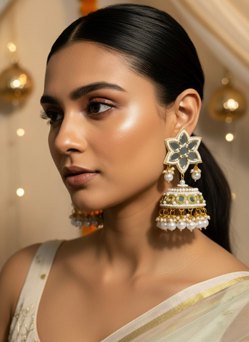 Noor Mirror Handmade Beaded Jhumka Earrings