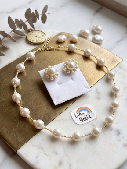 Alina Pearl Handmade Necklace + Stud Earrings Set