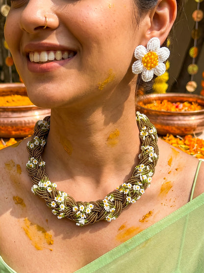 Luxe Flora Antique Brown Gold Handmade Beaded Necklace + Earrings Set