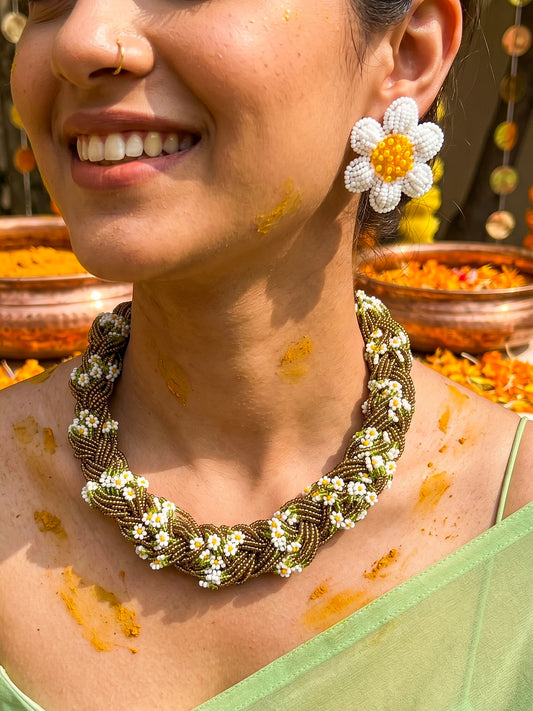 Luxe Flora Antique Brown Gold Handmade Beaded Necklace + Earrings Set