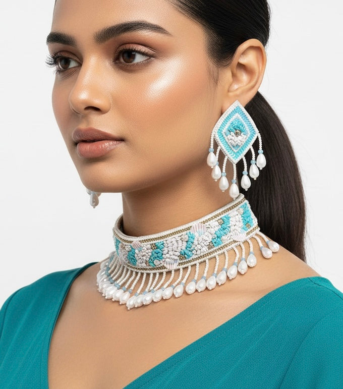 Aqua Blue Handmade Beaded Choker Set