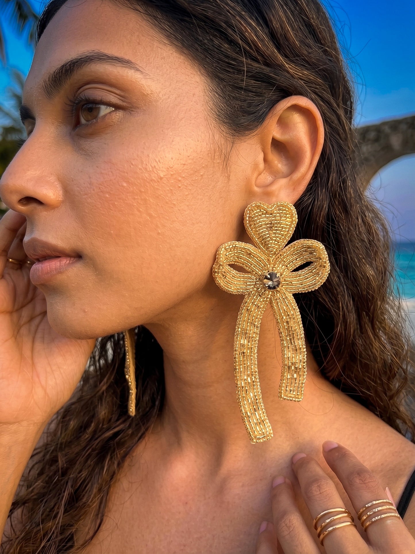 Glam Bow (Gold) Handmade Beaded Earrings