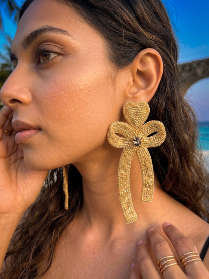 Glam Bow (Gold) Handmade Beaded Earrings