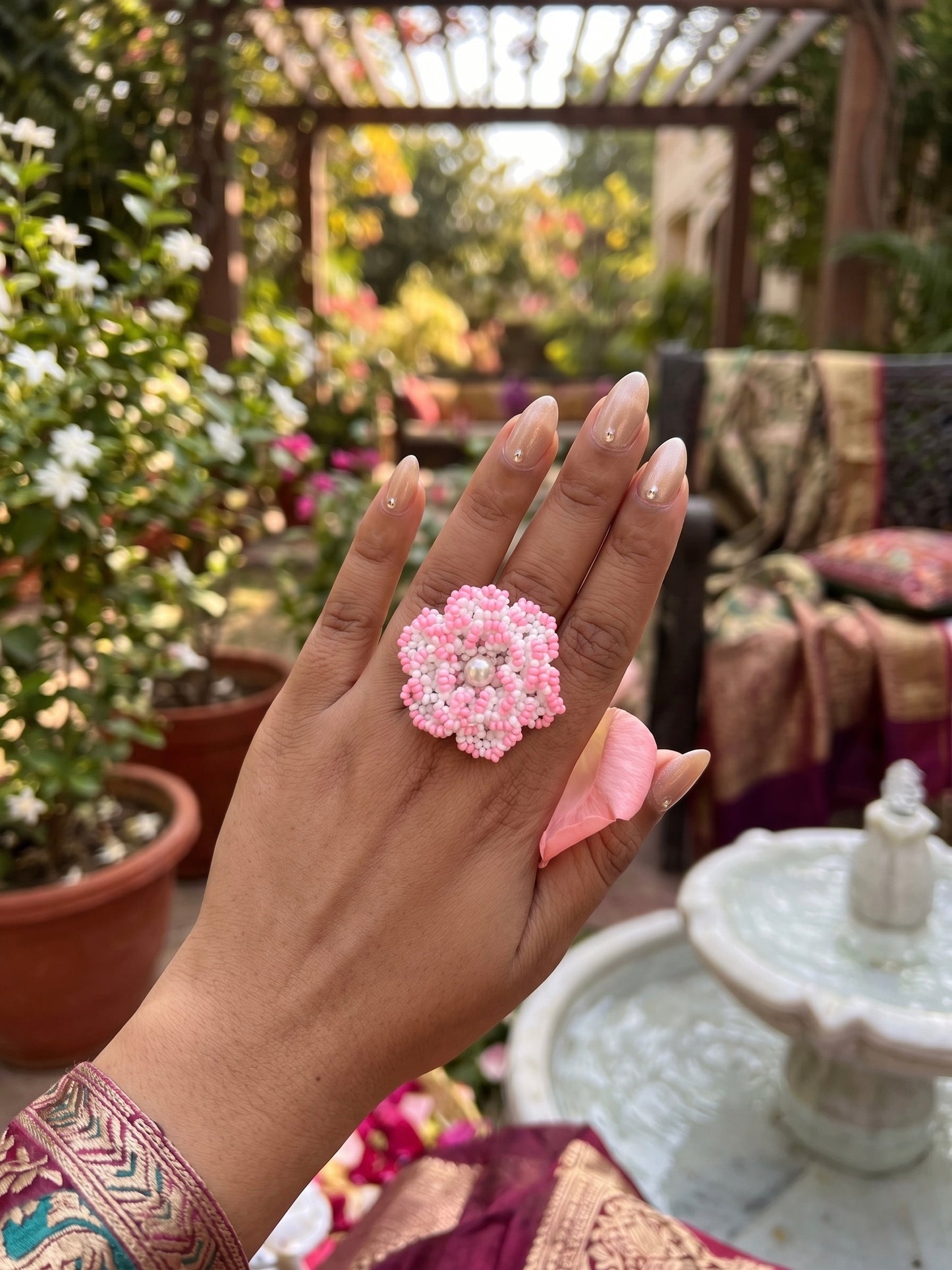 Crochet White Blush Pink 3D Rose Flower Handmade Beaded Ring
