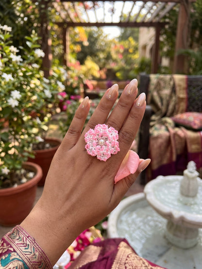 Crochet White Blush Pink 3D Rose Flower Handmade Beaded Ring
