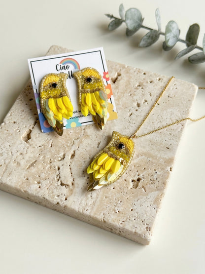 Chirpy Sunny Yellow Parrot Handmade Beaded Necklace + Earrings Set