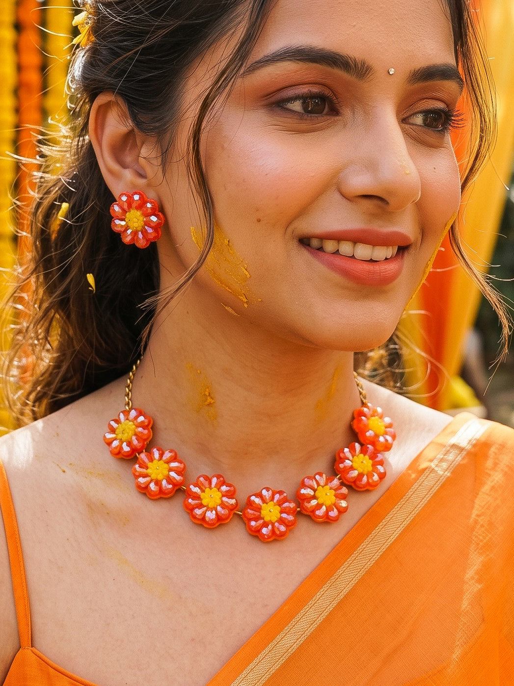 Sparkling Orange Daisy Flower Handmade Beaded Necklace + Earrings Set