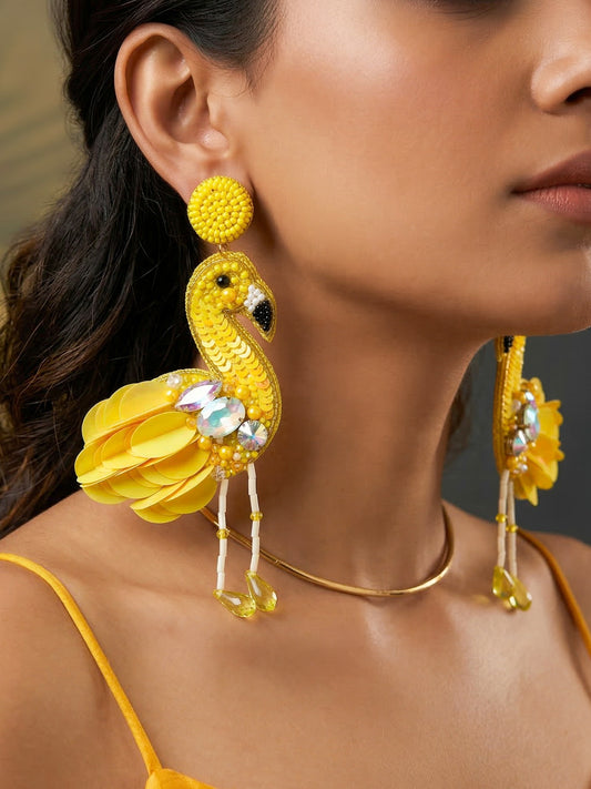 Flamazing Flamingo Yellow Handmade Beaded Bird Earrings