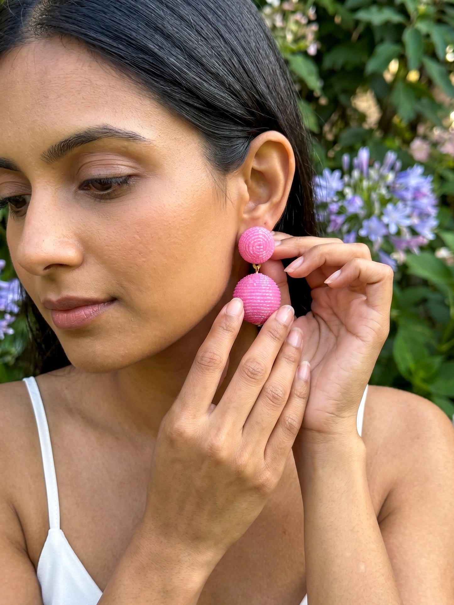 Baby Pink Round Drop Handmade Beaded Earrings