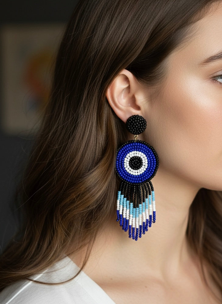 Boho Blue Evil Eye Handmade Beaded Earrings