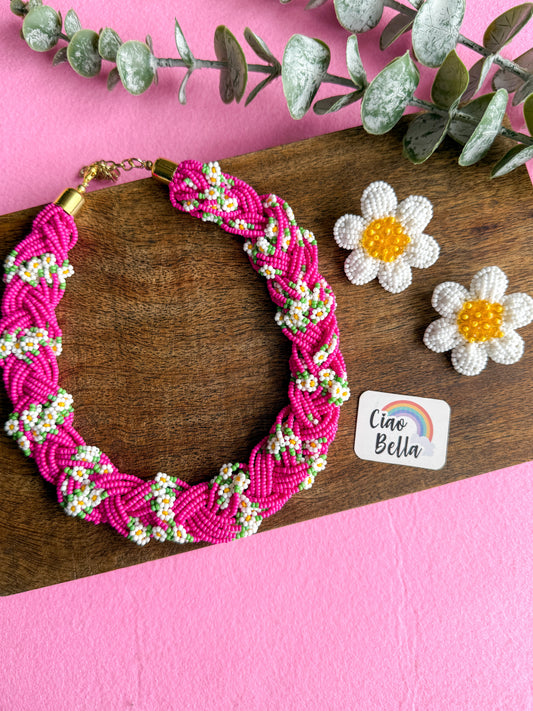 Luxe Flora Rose Pink Handmade Beaded Necklace + Earrings Set