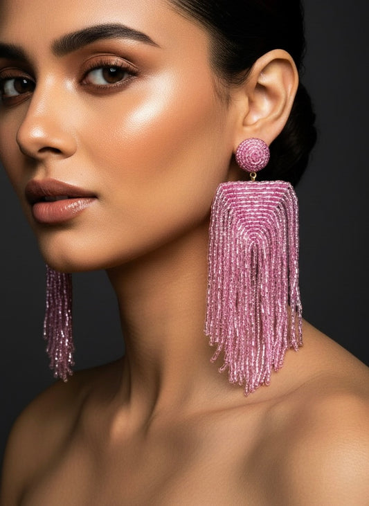 Luxe Blush Pink Handmade Beaded Tassel Earrings