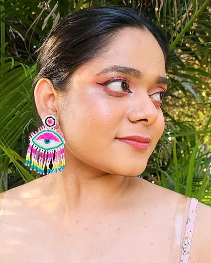 Pink Evil Eye Tassel Earrings