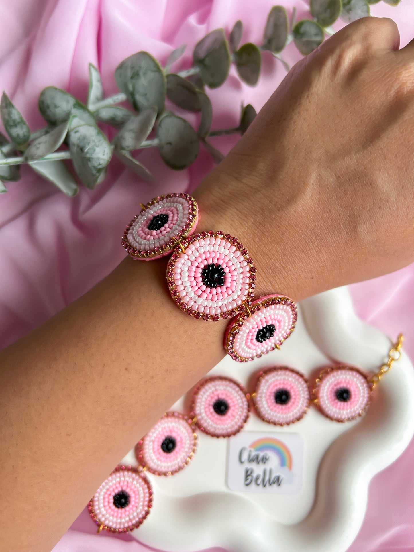 Blush Pink Evil Eye Handmade Beaded Bracelet
