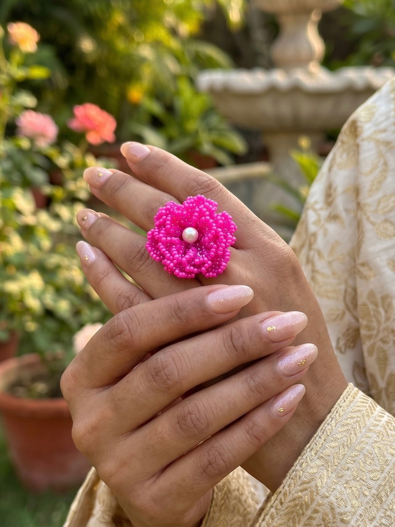 Crochet Pink 3D Rose Flower Handmade Beaded Ring