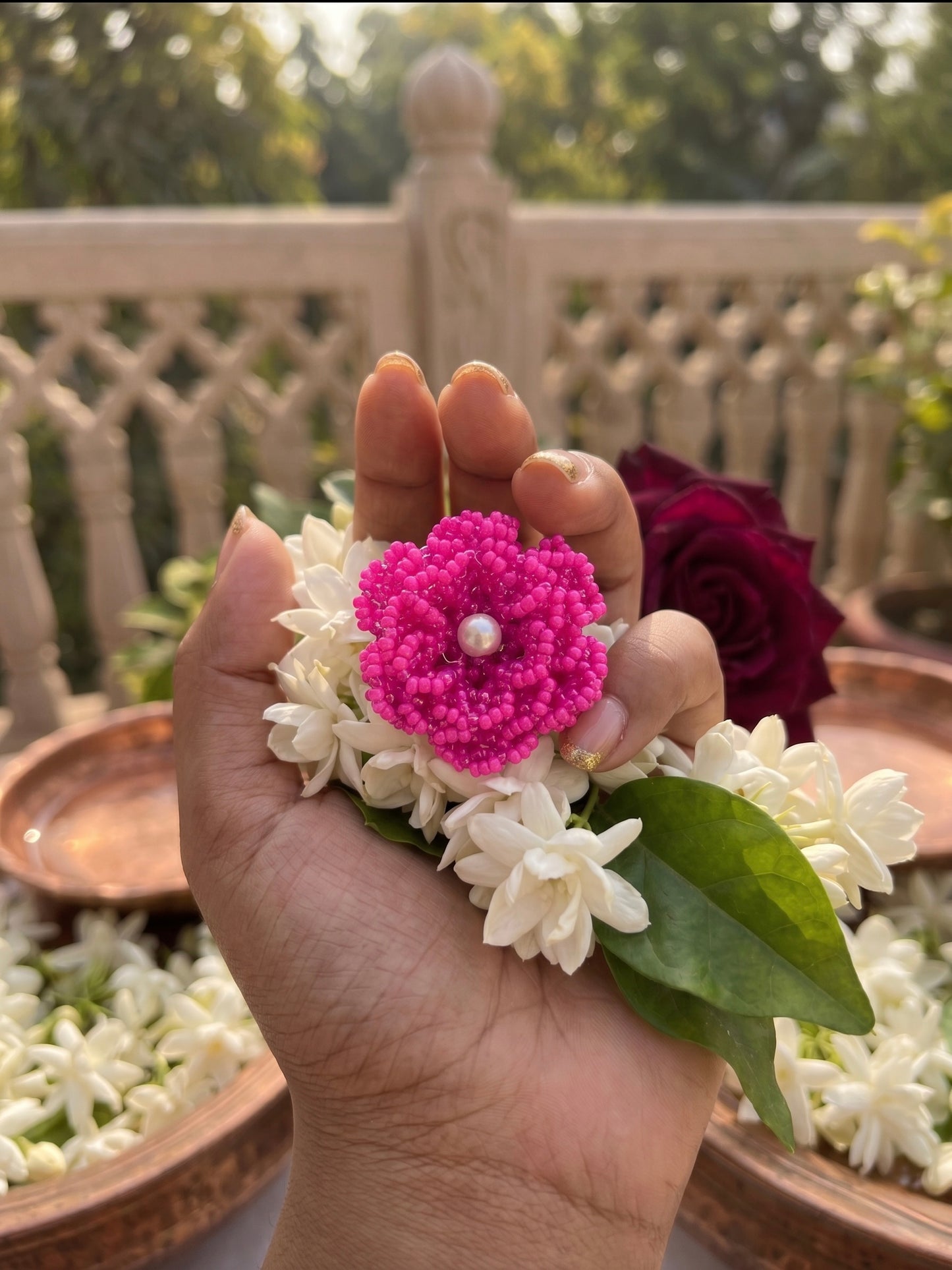 Crochet Pink 3D Rose Flower Handmade Beaded Ring