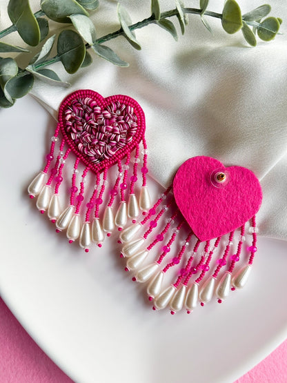 Hot Pink Heart Drop Handmade Beaded Tassel Earrings