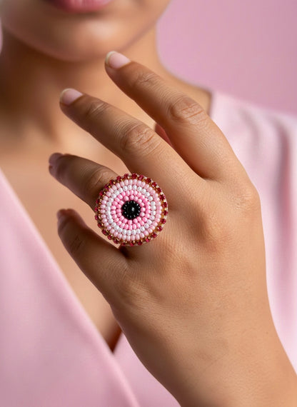 Blush Pink Evil Eye Handmade Beaded Ring