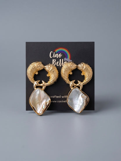 Golden Pisces Mother Of Pearl Handmade Brass Earrings