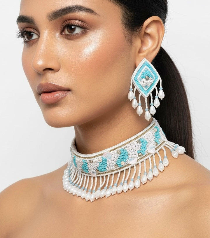 Aqua Blue Handmade Beaded Choker Set