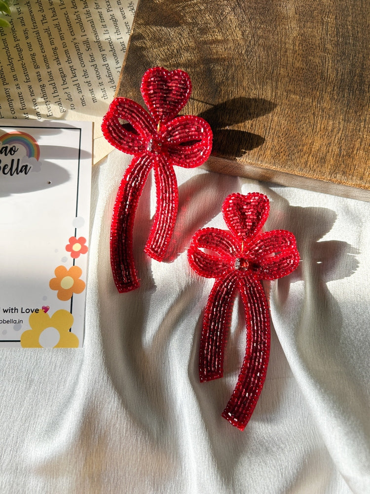 Glam Bow (Deep Red) Handmade Beaded Earrings