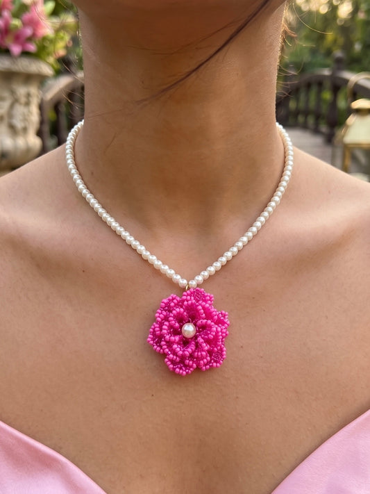 Crochet Pink 3D Rose Flower Handmade Beaded Necklace