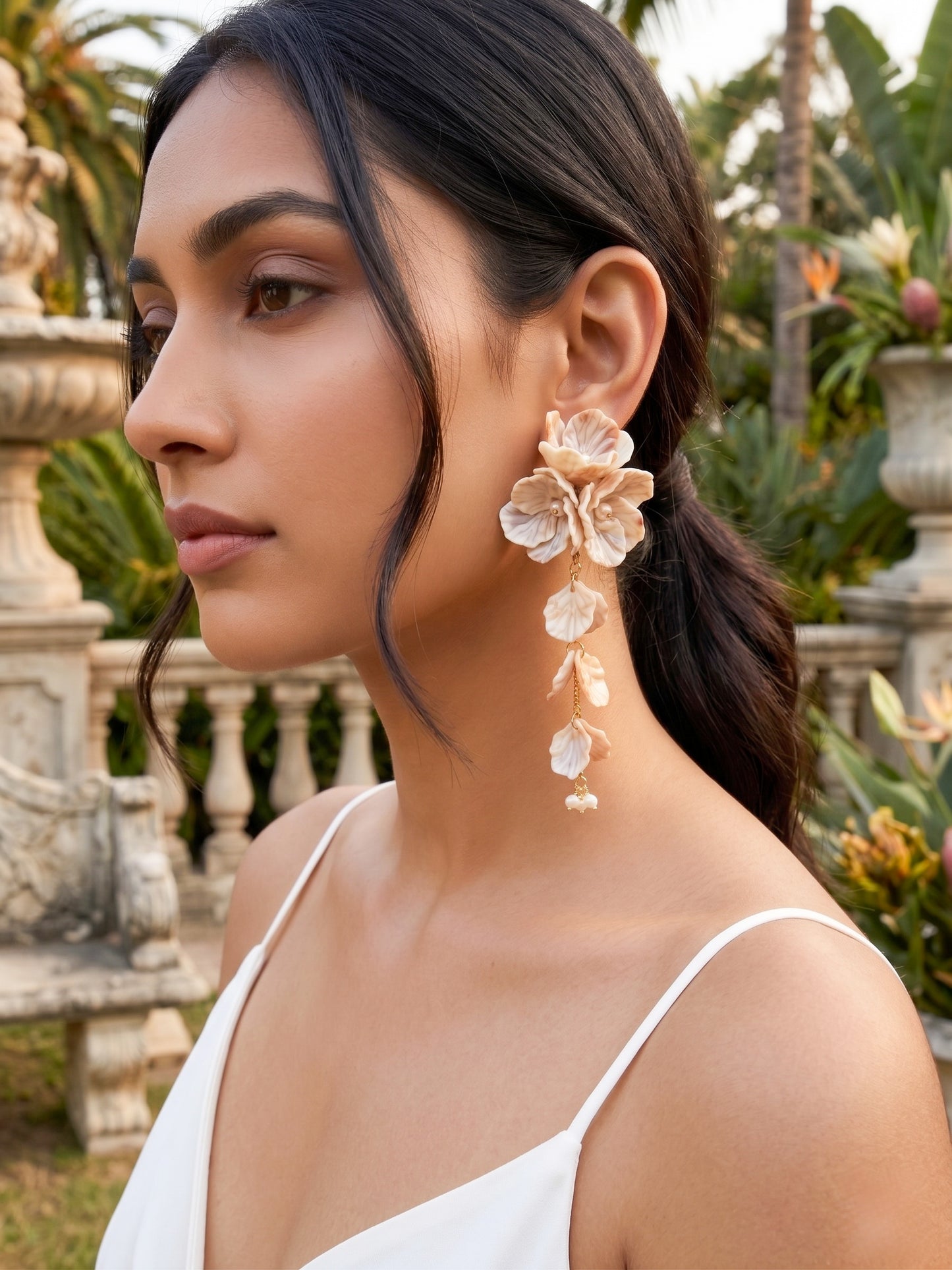 Aurelia Flower Earthy Beige Statement Handmade Beaded Earrings