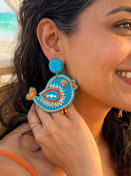 Chirpy Birdie Blue Orange Handmade Beaded Earrings