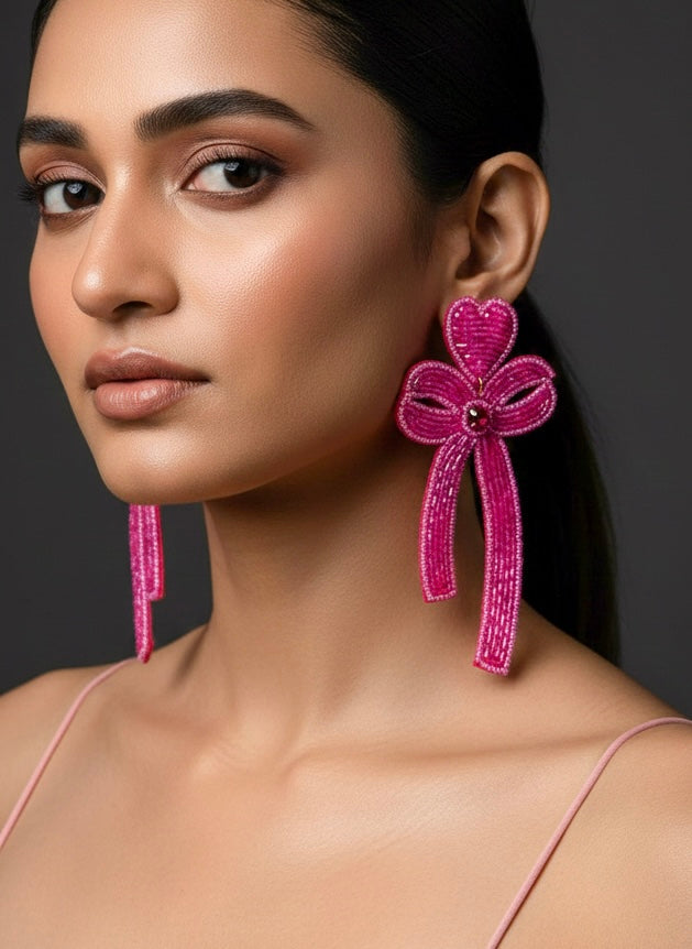 Glam Bow (Pink) Handmade Beaded Earrings