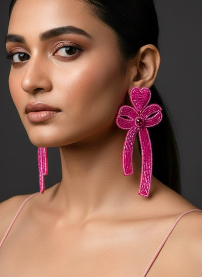 Glam Bow (Pink) Handmade Beaded Earrings
