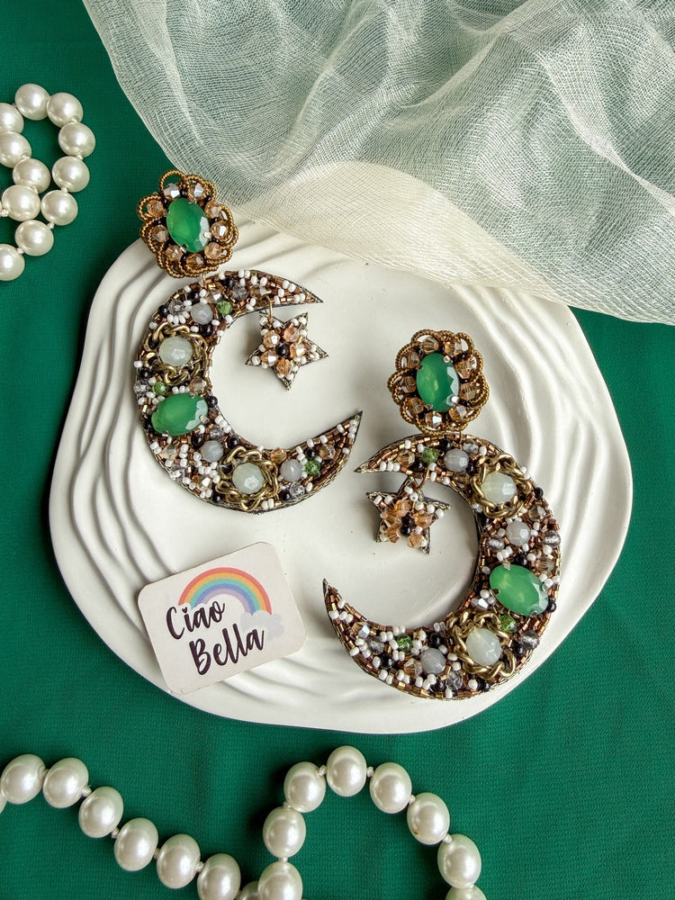 Emerald Crescent Moon & Star Handmade Beaded Statement Earrings