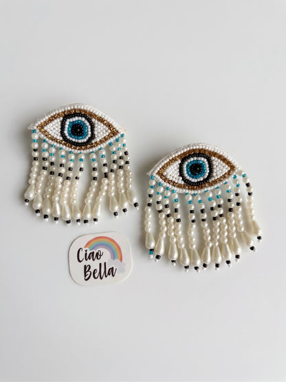 Mystic Evil Eye White Tassel Handmade Beaded Earrings
