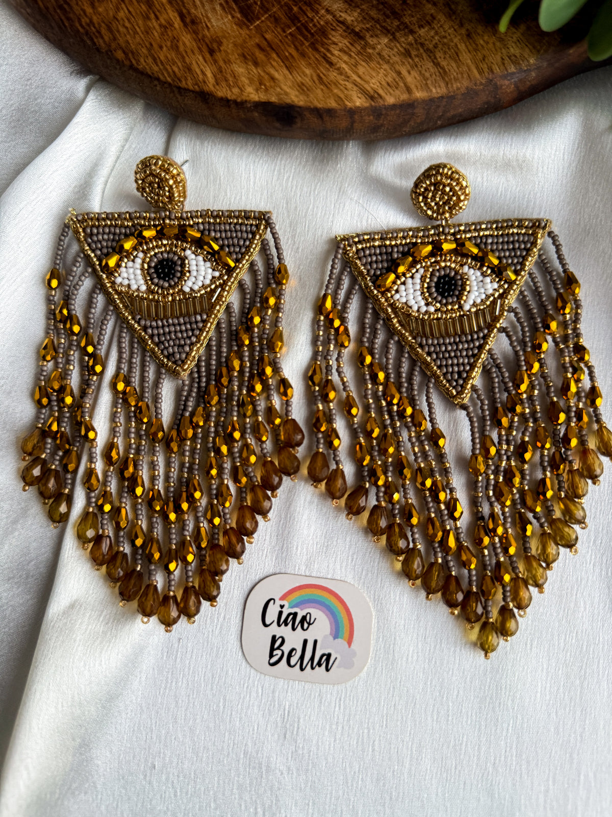 Luxe Evil Eye Bronze Handmade Beaded Tassel Earrings